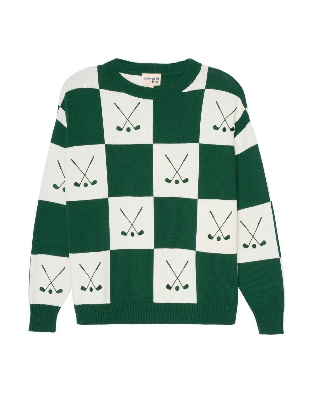 NEW ELLSWORTH + IVEY women's riley crewneck checkered golf sweater in green/ivor